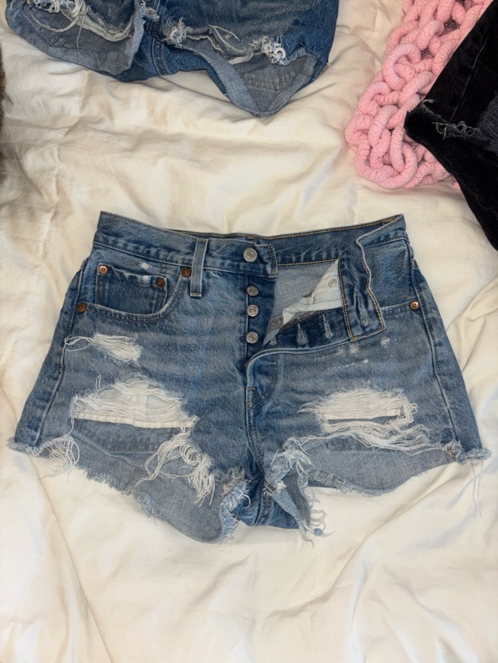 Levi's Distressed Light Blue Button-Fly Denim Shorts